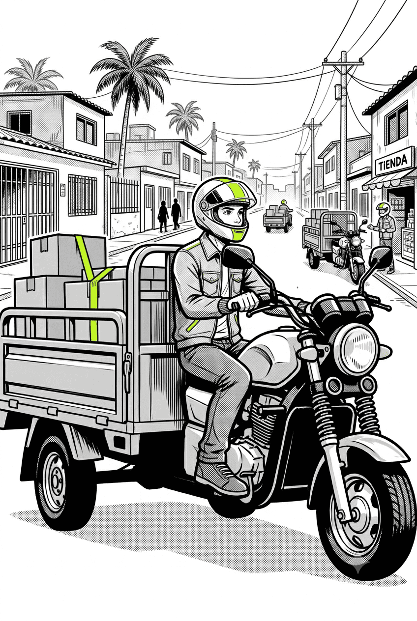 Ilustración de un motocarguero de TukcarGo circulando por una calle de Villavicencio