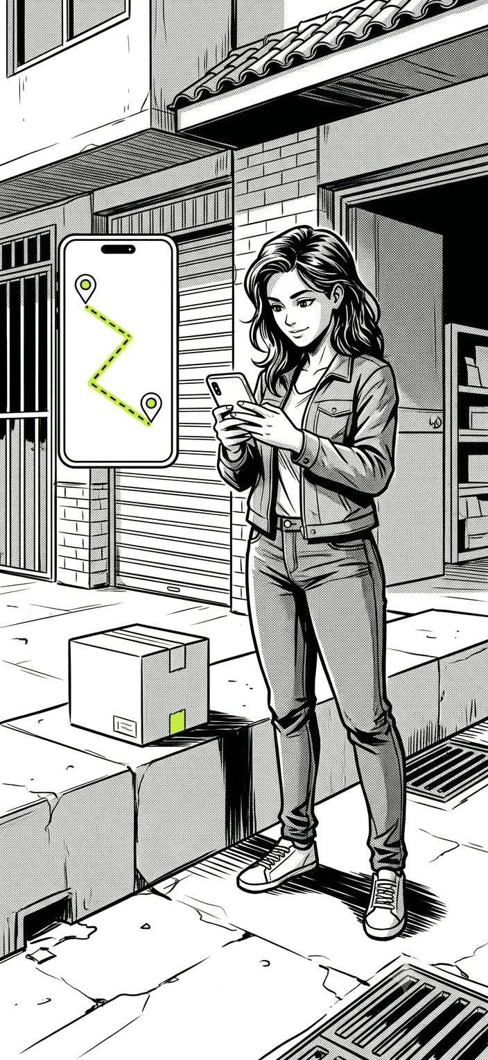 Ilustración de una clienta pidiendo un motocarguero desde su celular, con la ruta trazada en la app