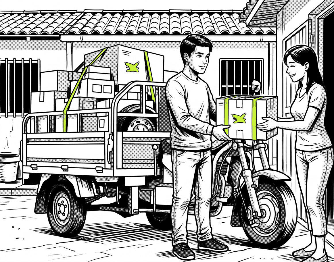 Ilustración de un motocarguero entregando una caja en la puerta de la clienta