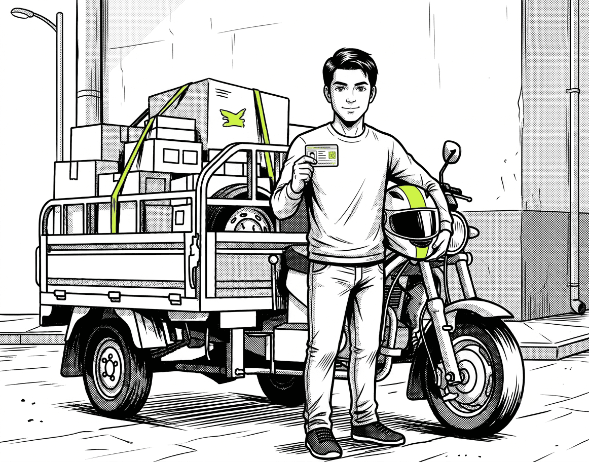 Ilustración de un motocarguero de TukcarGo mostrando su documentación junto a su moto cargada