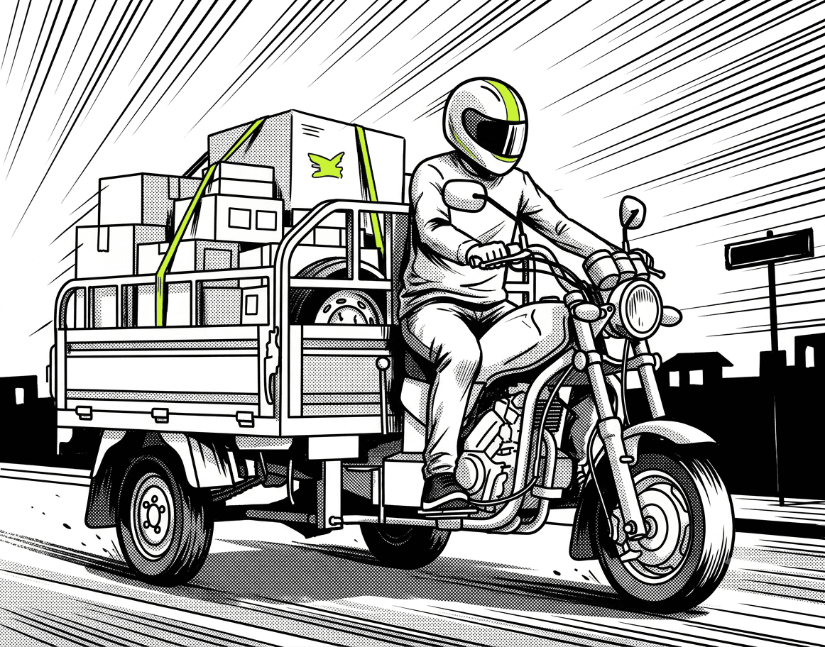 Ilustración de un motocarguero de TukcarGo en movimiento con su carga