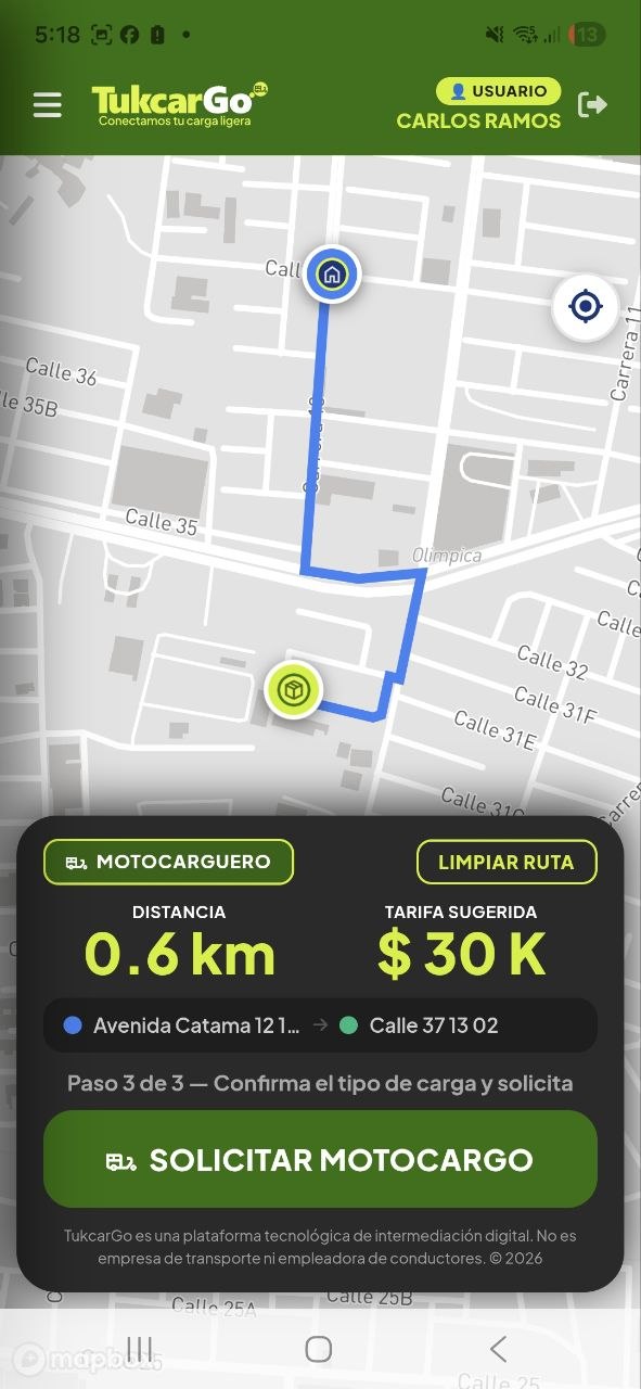 Captura de pantalla real de la app TukcarGo mostrando el mapa con la ruta trazada, la distancia y la tarifa sugerida antes de solicitar