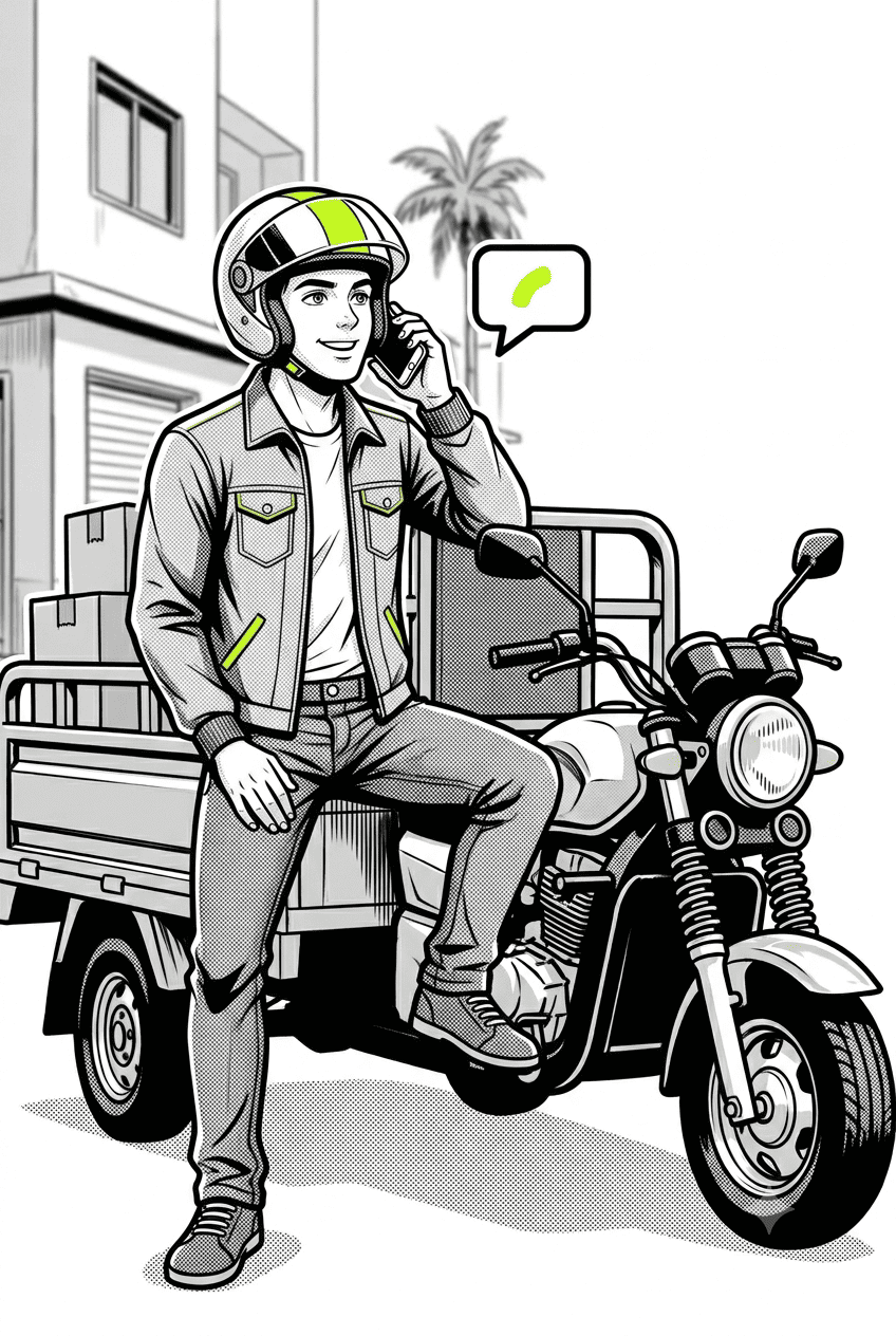 Ilustración de un motocarguero de TukcarGo hablando por teléfono